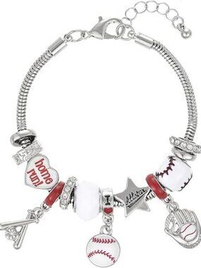 Silver Baseball Sport Bracelet  Cute Game Day Adjustable Snake Chain Bracelet